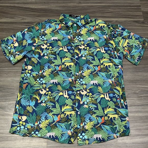 SSLR Bright Tropical Animal Print Bird Leopard Lemur Button Up Shirt Men XL - Picture 14 of 16